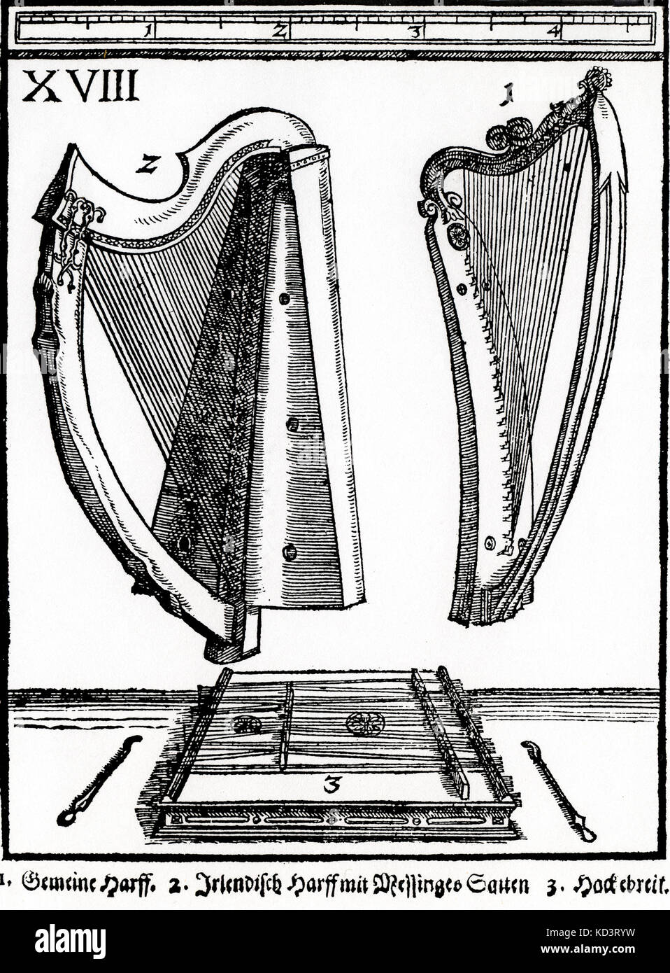 Renaissance harps Plate XVIII from Praetorius 's 'Syntagma Musicum', 1619. 1. Common Harp 2. Irish Harp 3. Cimbalon / Cimbalom Stock Photo