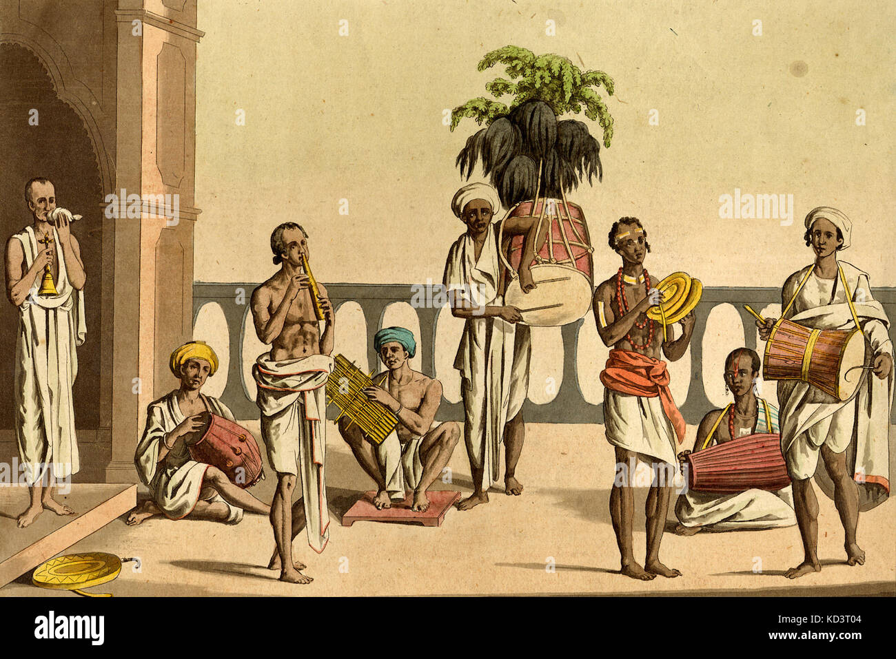 Indian musicians from 19th century playing from left to right CONCH and BELL; Barrel-shaped drum; NOSEFLUTE; bamboo MOUTHORGAN; DHOL; CYMBALS; PAKHAVAJ ;  DHOLAK.  Lithograph Stock Photo