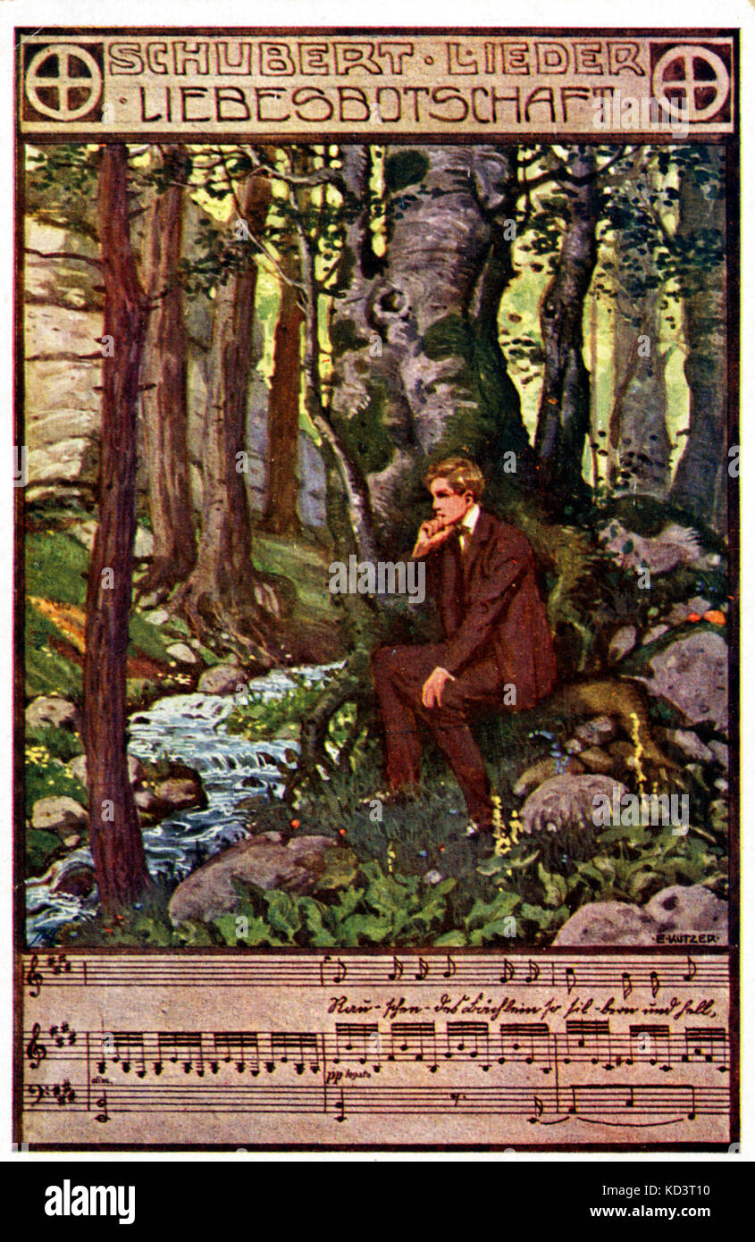 Franz Schubert's 'Liebesbotschaft (Love's Message) Picture and bars of song. Pensive man pictured in forest by river.  Austrian composer, 1797-1828 Stock Photo