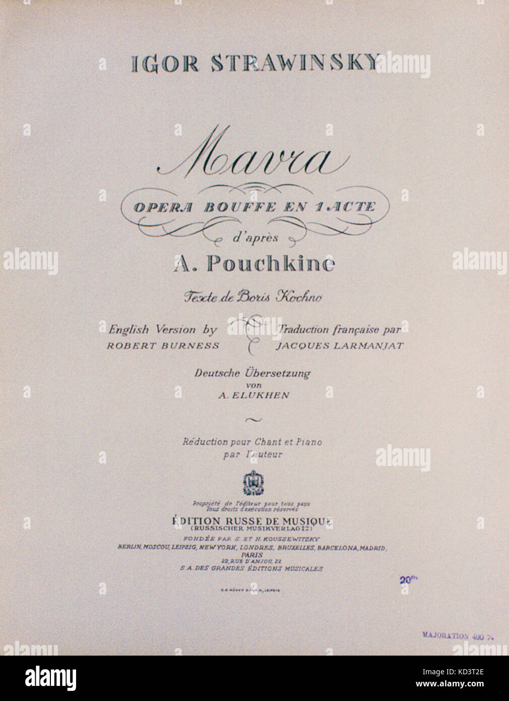 STRAVINSKY, IGOR- First edition of title page of Maura, opera bouffe en 1 acte d'après A. Pouchkine (Alexander Pushkin).  Text by Boris Kochno. Berlin, Edition Russe de Musique, 1925.  First performed Paris in June 1925. Russian composer, 1882-1971 Stock Photo