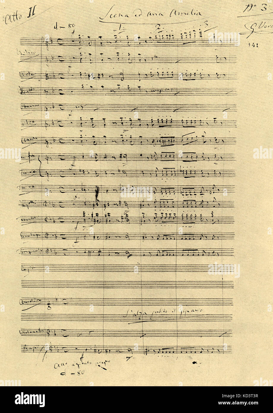 VERDI, G.  - UN BALLO IN MASCHERA Opening of Act 2 in Verdi's handwriting.  Produced 1859. Italian composer (1813-1901) Stock Photo