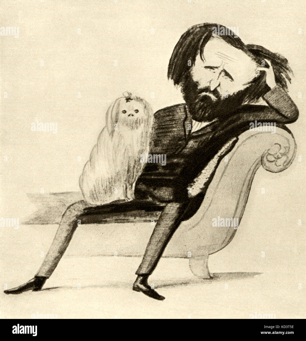 Verdi,  seated on a chaise-longue with his pet dog Lulu by  Delfico  Italian composer (1813-1901). Stock Photo