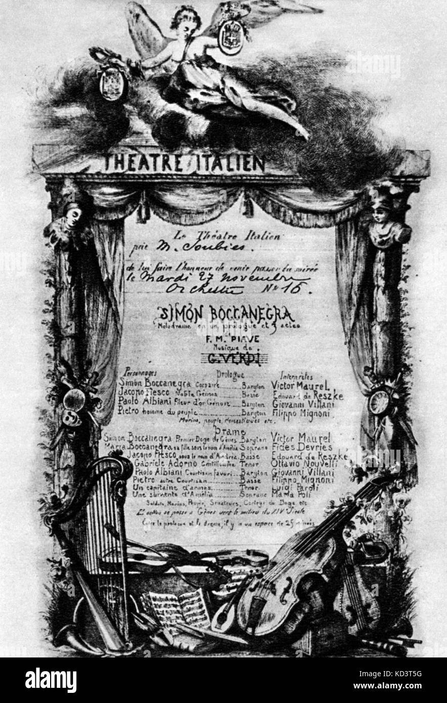VERDI - SIMON BOCCANEGRA - poster for the opera Invitation to Italian theatre for Paris production in 1885 Italian composer (1813-1901) Stock Photo