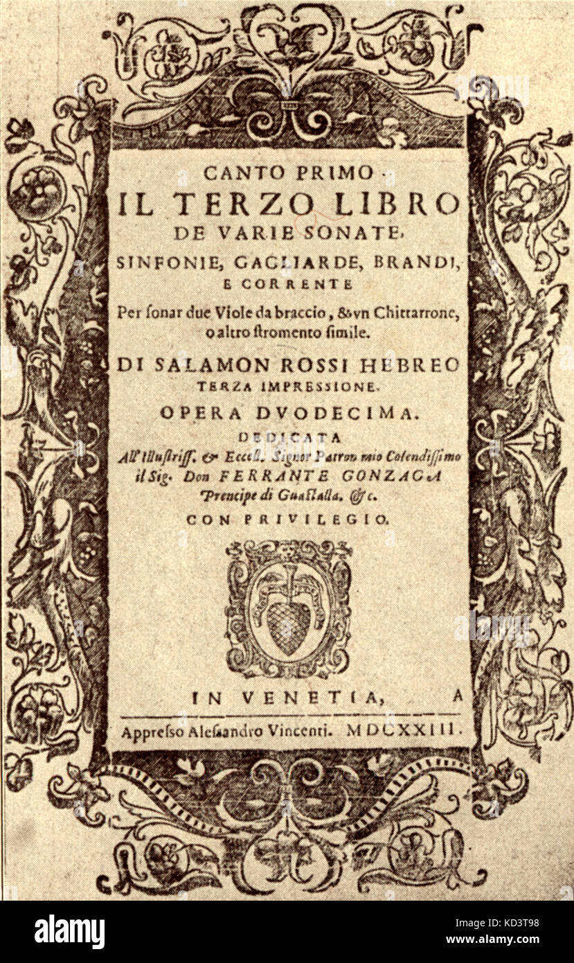 Salomone Rossi's title page of Canto Primo of Il Terzo Libro de Varie Sonate, sinfonie, gagliarde, brandi and corrente. Published in Venice, 1623.  Italian composer 1570?-1630 Stock Photo