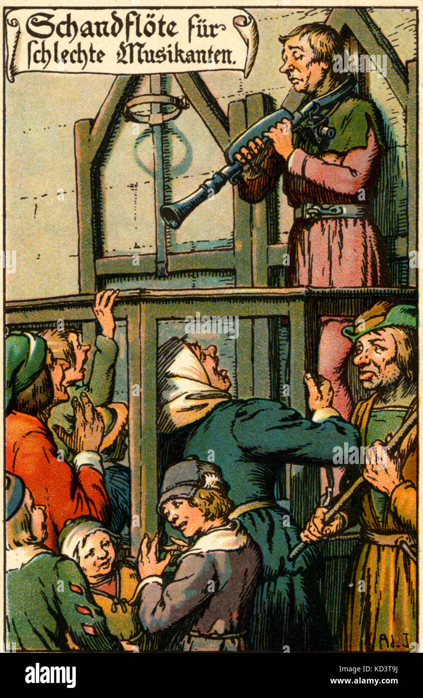 Bad flute player in stocks for his bad playing ('Schandflöte für Schlechte Musikanter').  Late Middle- Ages illustration. Stock Photo