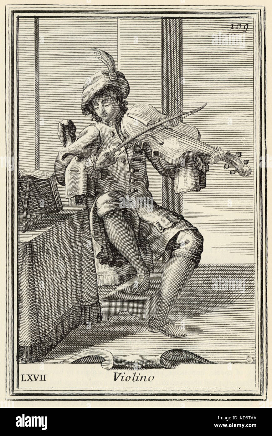 Violino-(Renaissance) violin being played by musician This instrument  first used in mid 16th century -note unfretted fingerboard. From Bonanni's 'Gabinetto Armonico' 1723 illustrated by Arnold van Westerhout. Illustration 67 Stock Photo