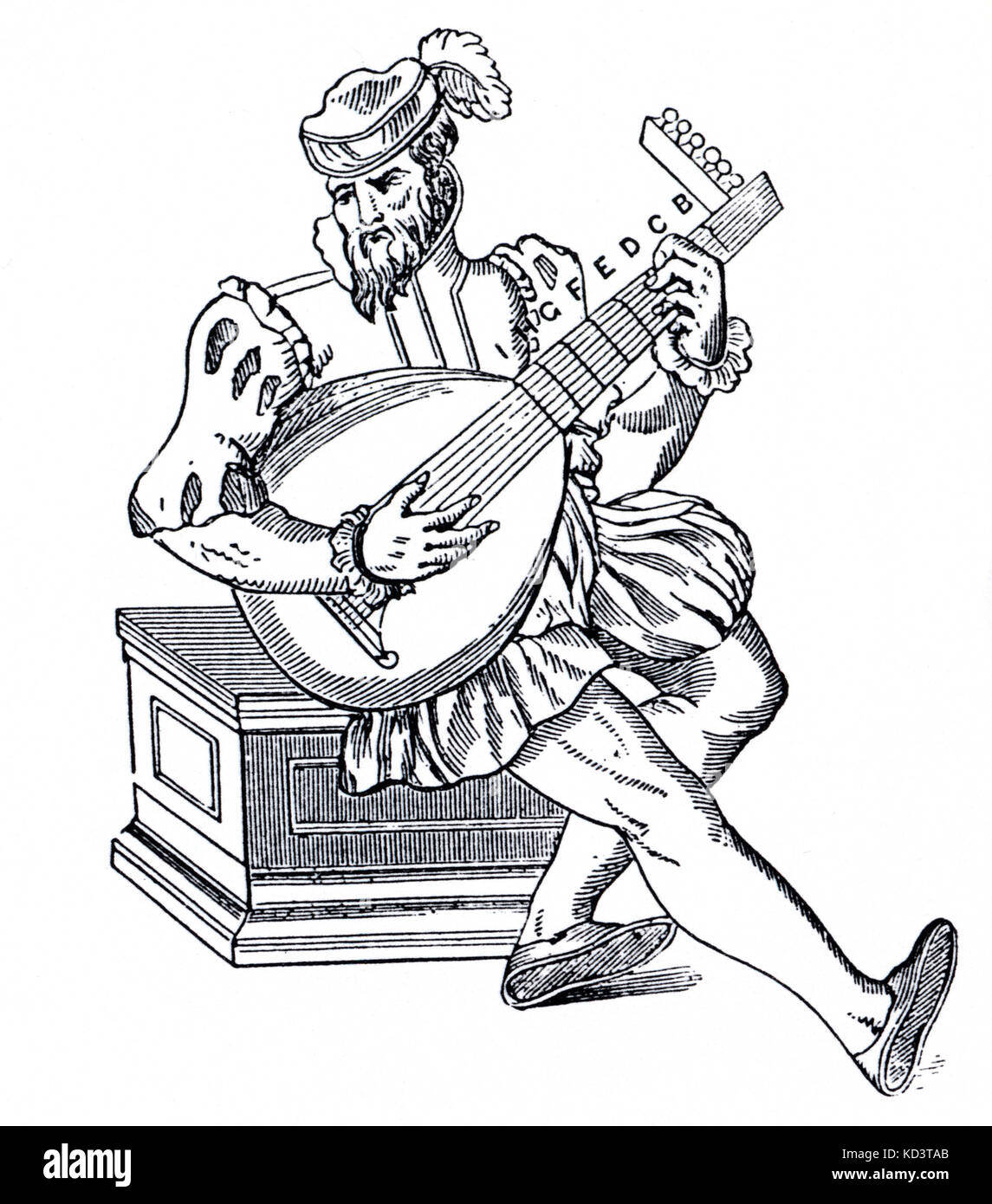 INSTR- EARLY - LUTE Posture for holding and playing the lute. Includes labels for the letters representing frets used in lute tablature. Stock Photo