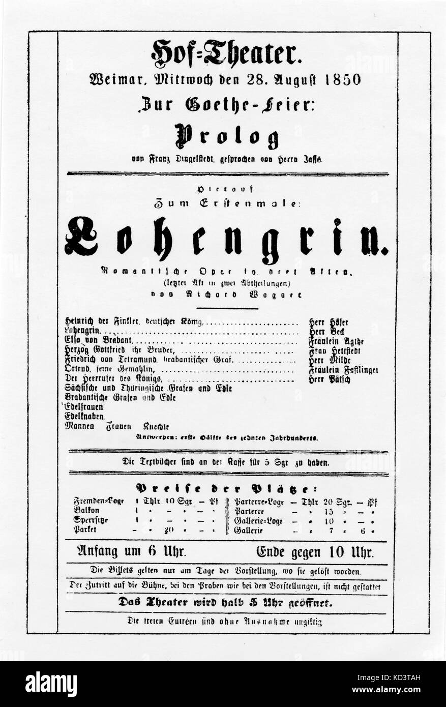 WAGNER, Richard - Lohengrin - Poster for premiere 28 August 1850, Weimar German composer & author, 1813-1883 Stock Photo