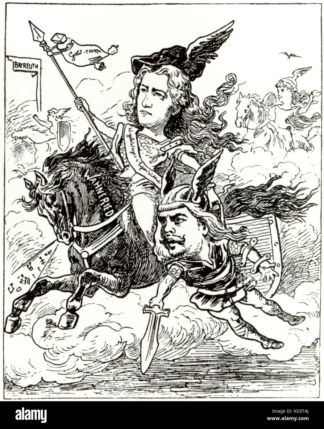 WAGNER, Cosima - caricature - dressed as character from Wagner's opera Ring Cycle / Nibelungen. ' Frau Cosimas Walkürenritt ' ( Miss Cosima's Ride of the Valkeries) Cosima pictured as Brünnhilde, carrying Ernst van Dyck as Siegmund. Die Walkure Stock Photo