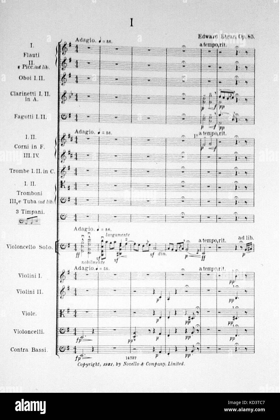 ELGAR, Edward - Concerto for 'Cello & Orchestra Op.85, London: Novello, 1921. Printed score, opening page English composer (1857-1934) Stock Photo