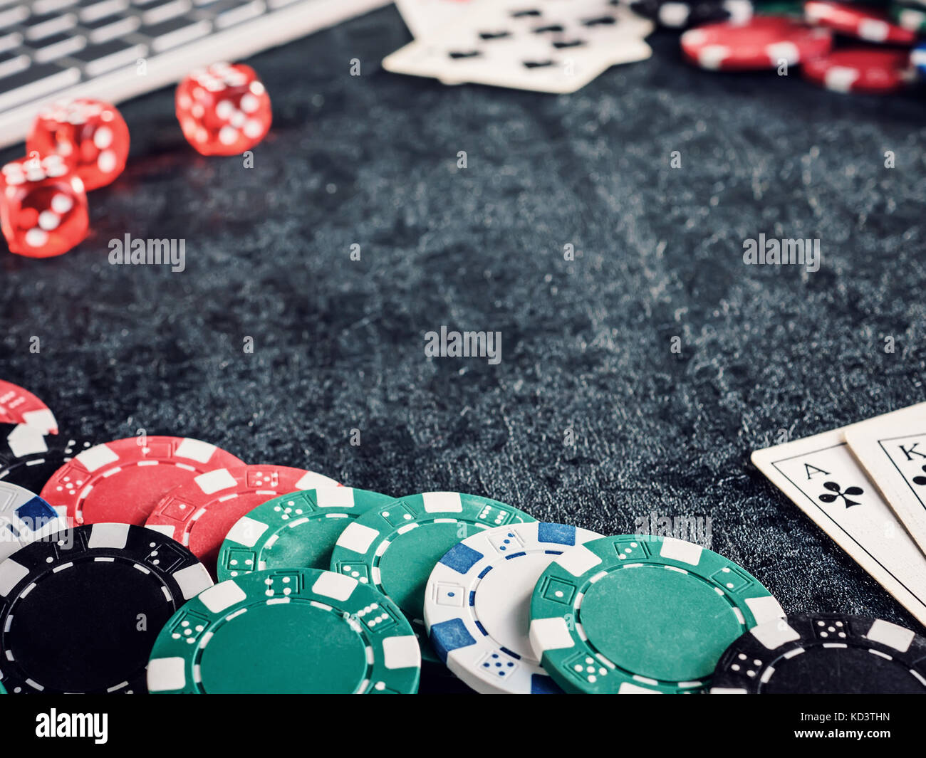 Set of poker chip or counter with card, dice computer Stock Photo Alamy