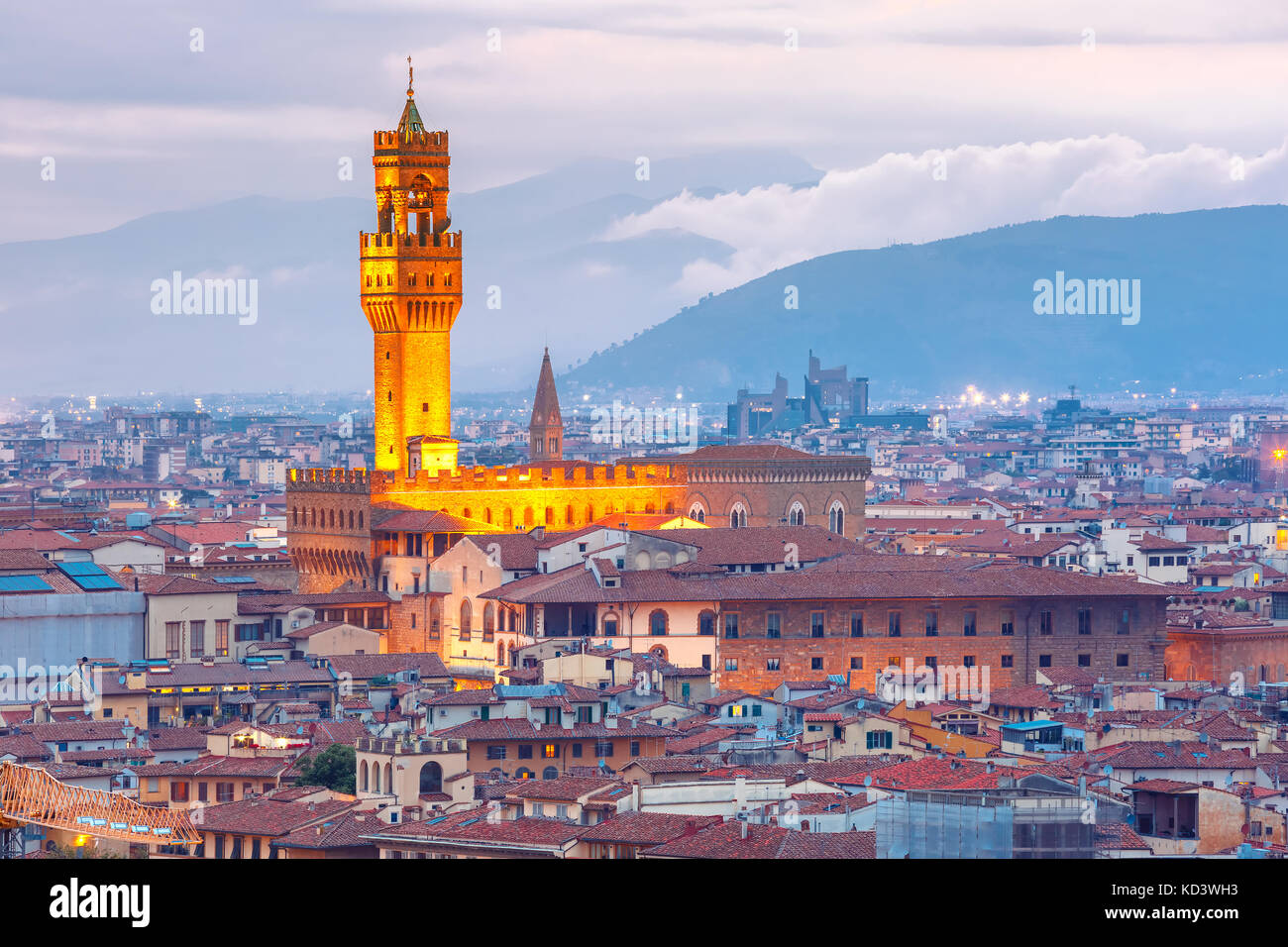Palazzo Vecchio at sunset in Florence, Italy Stock Photo