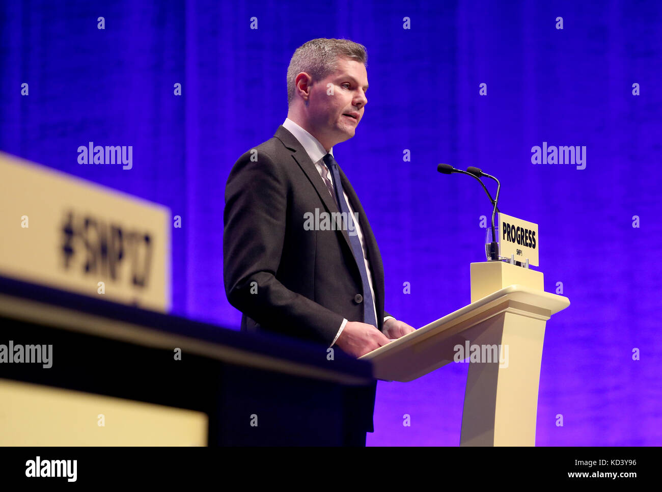 Cabinet Secretary for Finance Derek Mackay addresses delegates at the Scottish National Party conference at the SEC Centre in Glasgow. Stock Photo