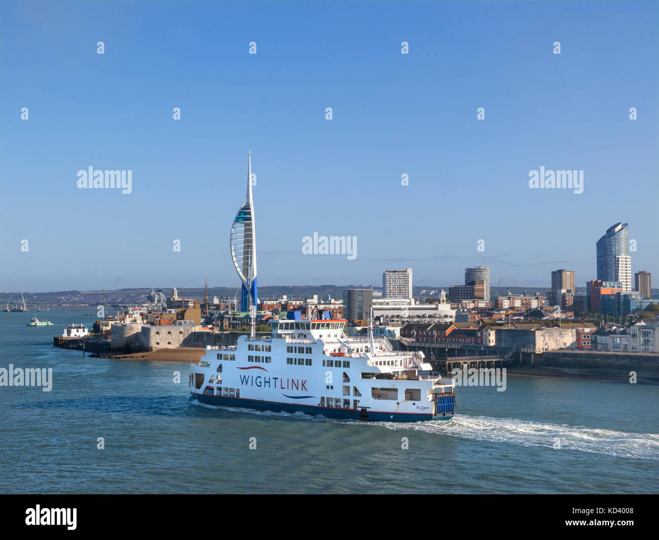 Ferry Wightlink Isle of Wight ferry to Ryde IOW departing Portsmouth Harbour in clear blue sky Portsmouth Hampshire UK Stock Photo