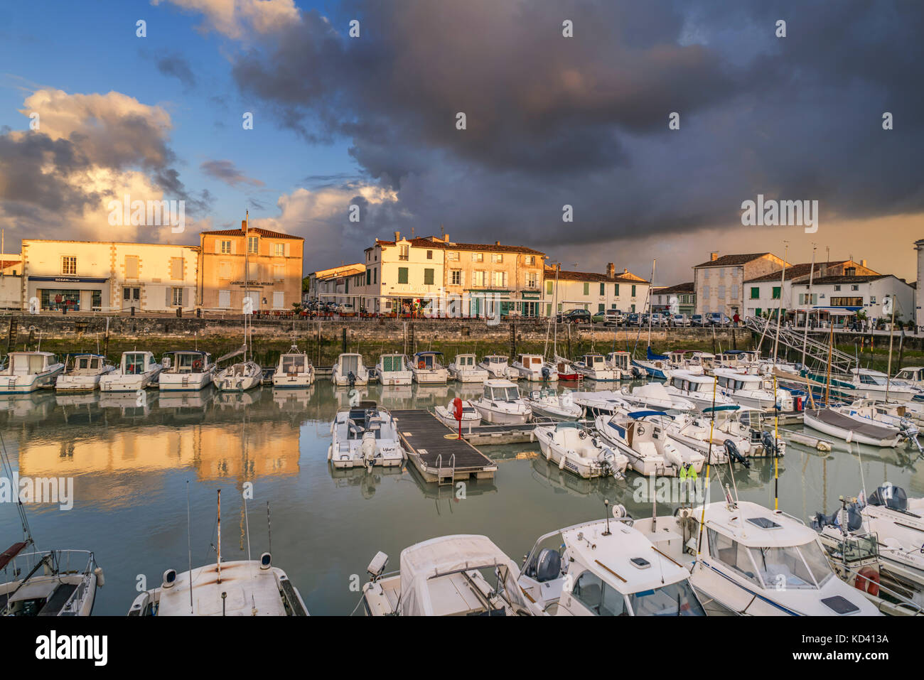 Port of La Flotte, sunset, Restaurants,  Ile de Re, Nouvelle-Aquitaine, french westcoast, france, Stock Photo