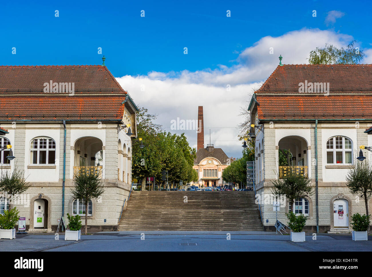 Sprudelhof Bad Nauheim, Germany. View from courtyard to railway station. The Sprudelhof is a former health resort founded in the Art Nouveau era. Stock Photo