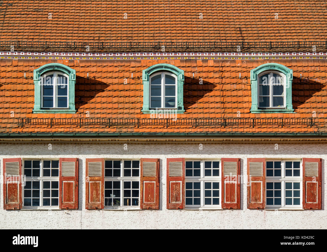 Sprudelhof Bad Nauheim, Germany. Windows at side wing portal house. The Sprudelhof is a former health resort founded in the Art Nouveau era. Stock Photo