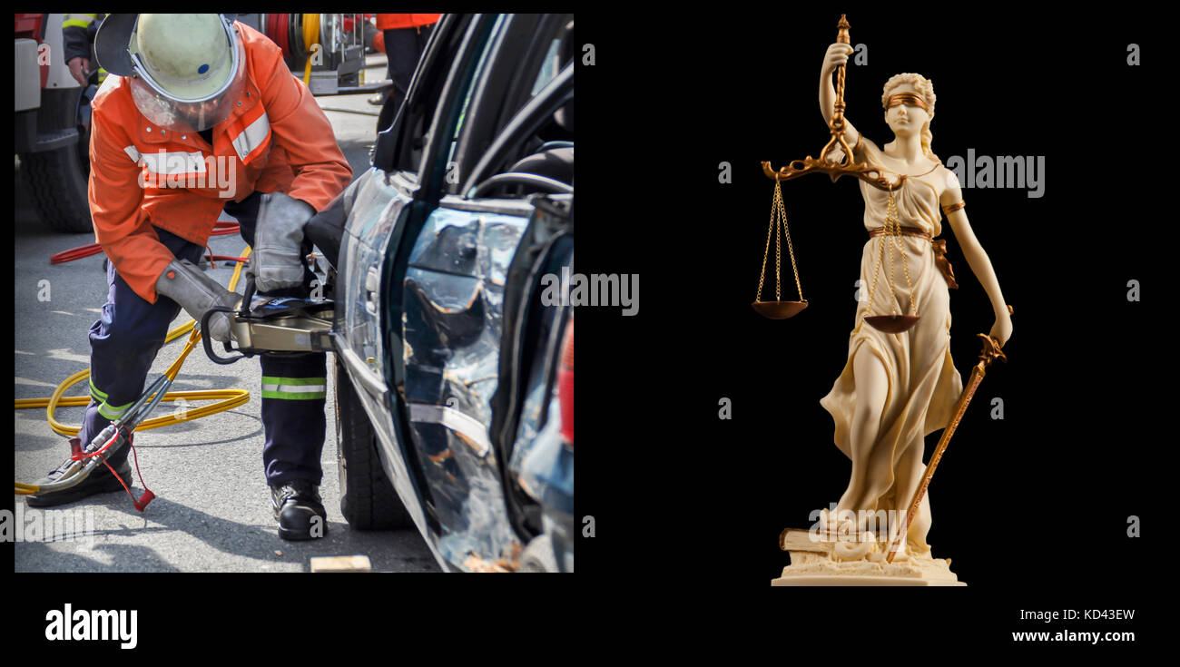 Traffic right - accident vehicle and Justice figure Stock Photo