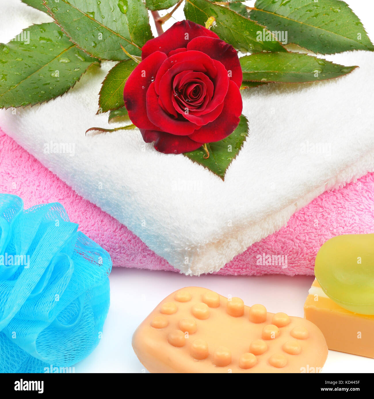 Towels, soap and sponges isolated on white background Stock Photo Alamy