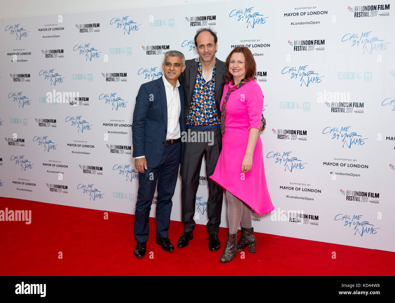 (left to right) Mayor of London Sadiq Khan with director Luca Guadagnino and Claire Stewart, as they attend the premiere of Call Me By My Name, as part of the BFI London Film Festival, at Odeon Leicester Square, London. Stock Photo