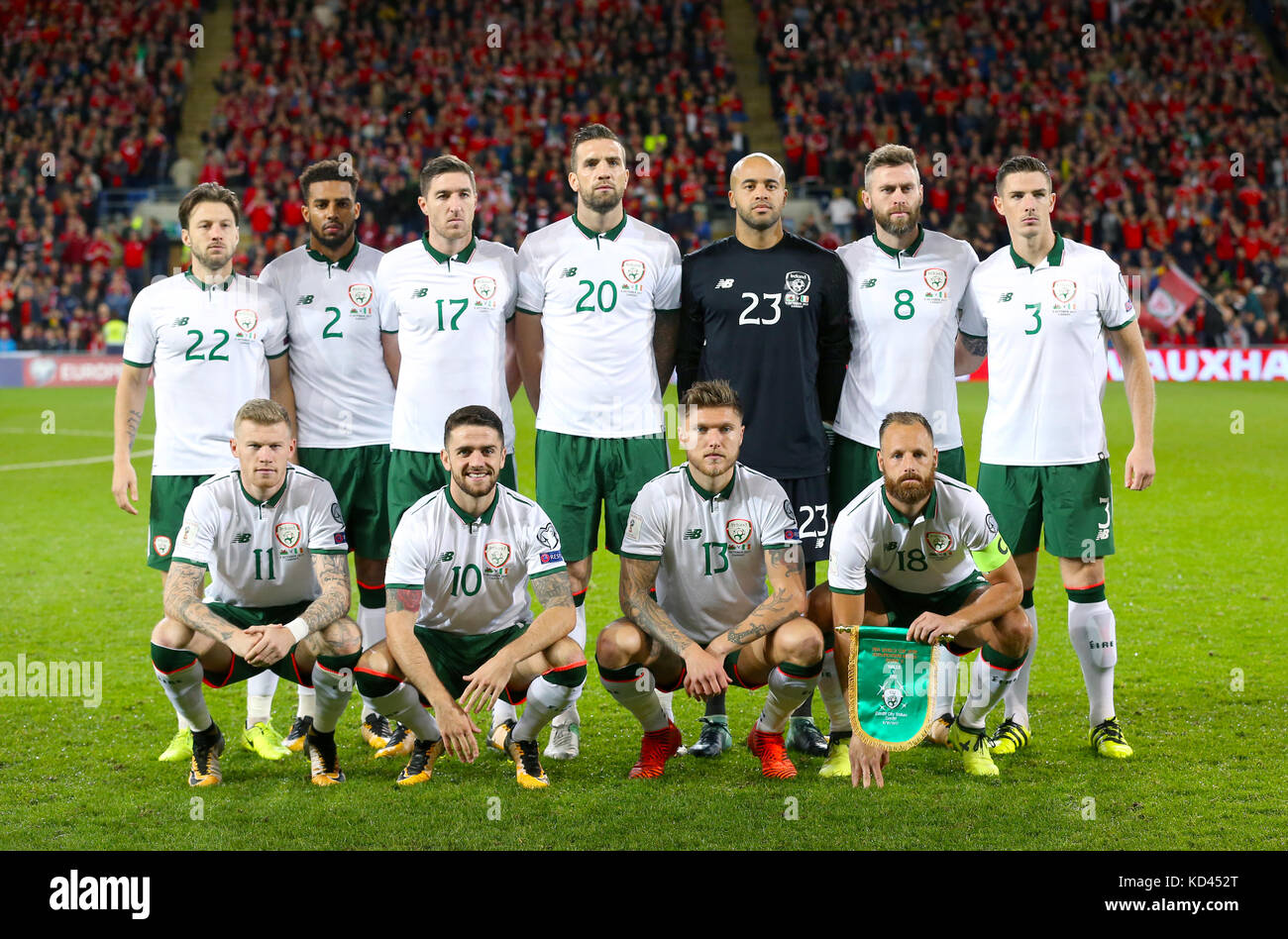 Republic of Ireland team group shot. Top Row (left to right) Harry Arter, Cyrus Christie, Stephen Ward, Shane Duffy, Darren Randolph, Daryl Murphy and Ciaran Clark. Bottom row (left to right) James McClean, Robbie Brady, Jeff Hendrick and David Meyler during the 2018 FIFA World Cup Qualifying Group D match at the Cardiff City Stadium, Cardiff. Stock Photo