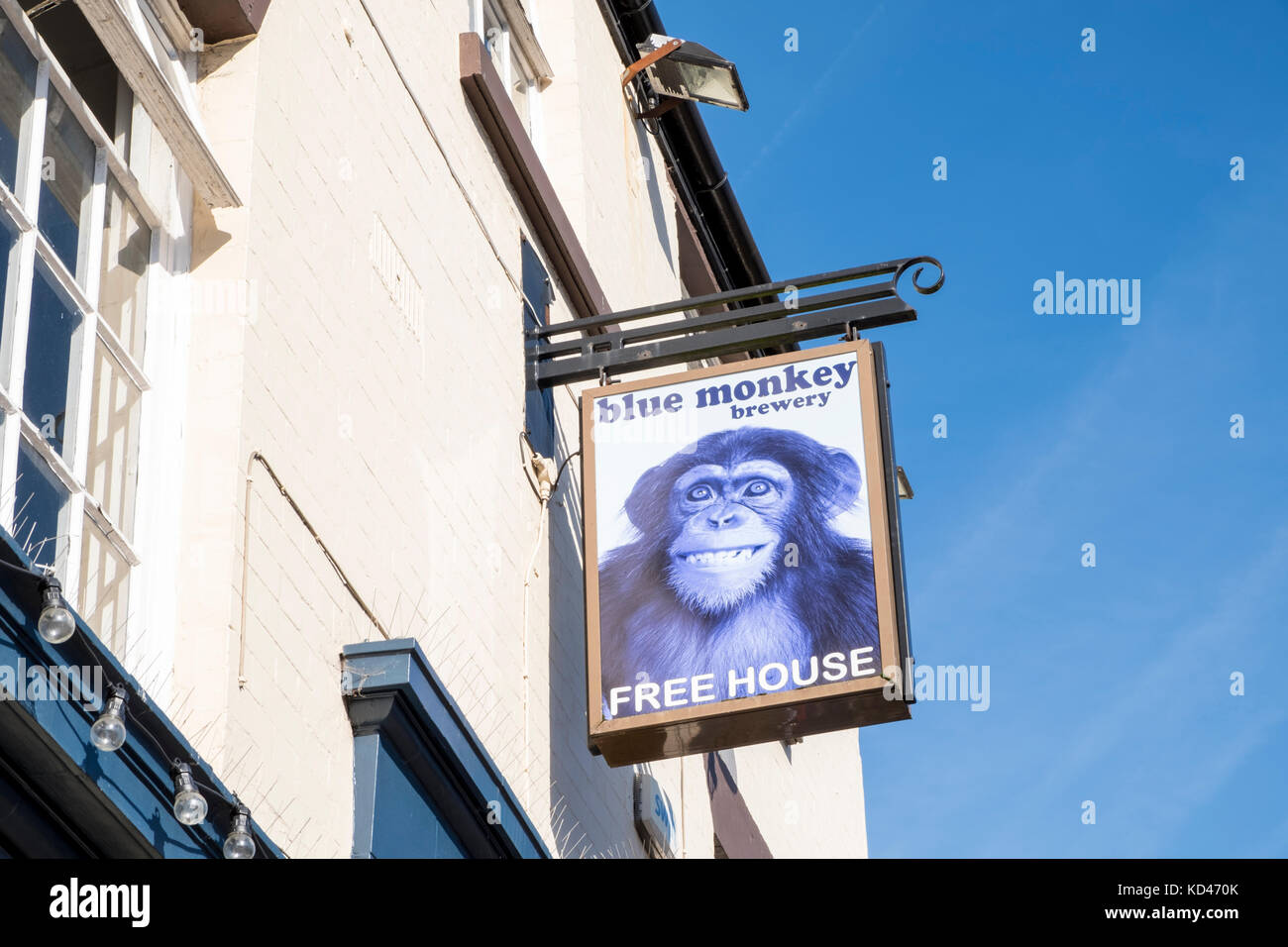 Blue Monkey Brewery pub sign, Arnold, Nottinghamshire, England, UK Stock Photo