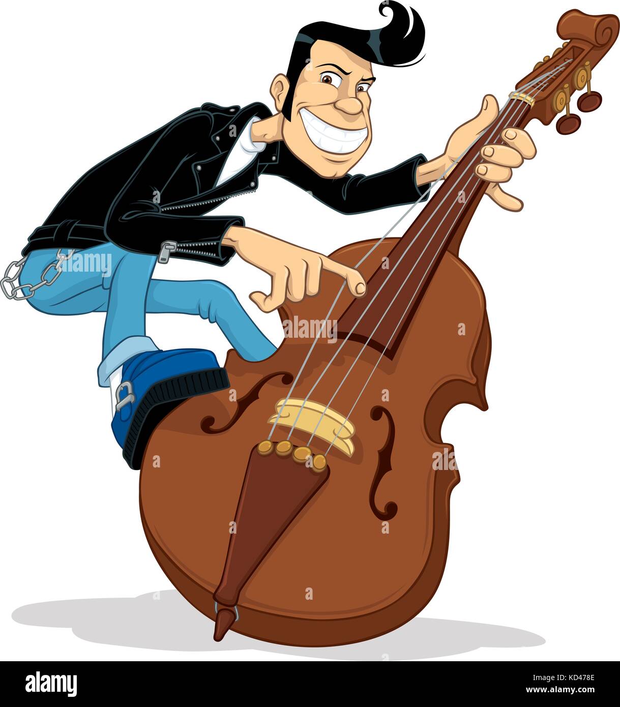 Vector cartoon of a rockabilly bass player balancing on his double bass Stock Vector