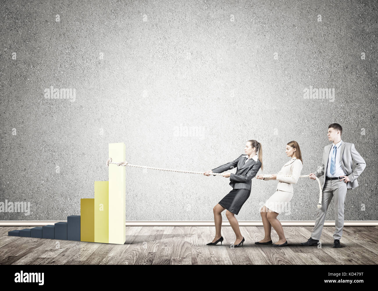 Businessteam working in collaboration pulling graph with rope as symbol ...