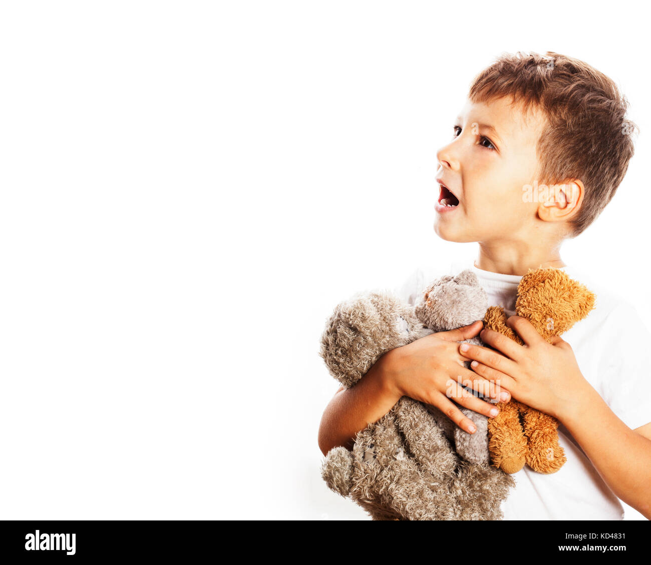 little cute boy with many teddy bears hugging isolated close up Stock ...