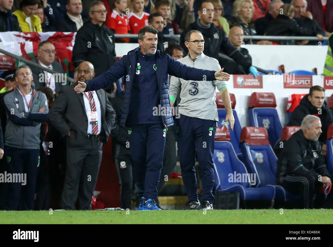 Republic of Ireland manager Martin O'Neill (right) and Assistant Manager Roy Keane gestures on the touchline during the 2018 FIFA World Cup Qualifying Group D match at the Cardiff City Stadium, Cardiff. PRESS ASSOCIATION Photo. Picture date: Monday October 9, 2017. See PA story SOCCER Wales. Photo credit should read: Nigel French/PA Wire. RESTRICTIONS: Editorial use only, No commercial use without prior permission. Stock Photo