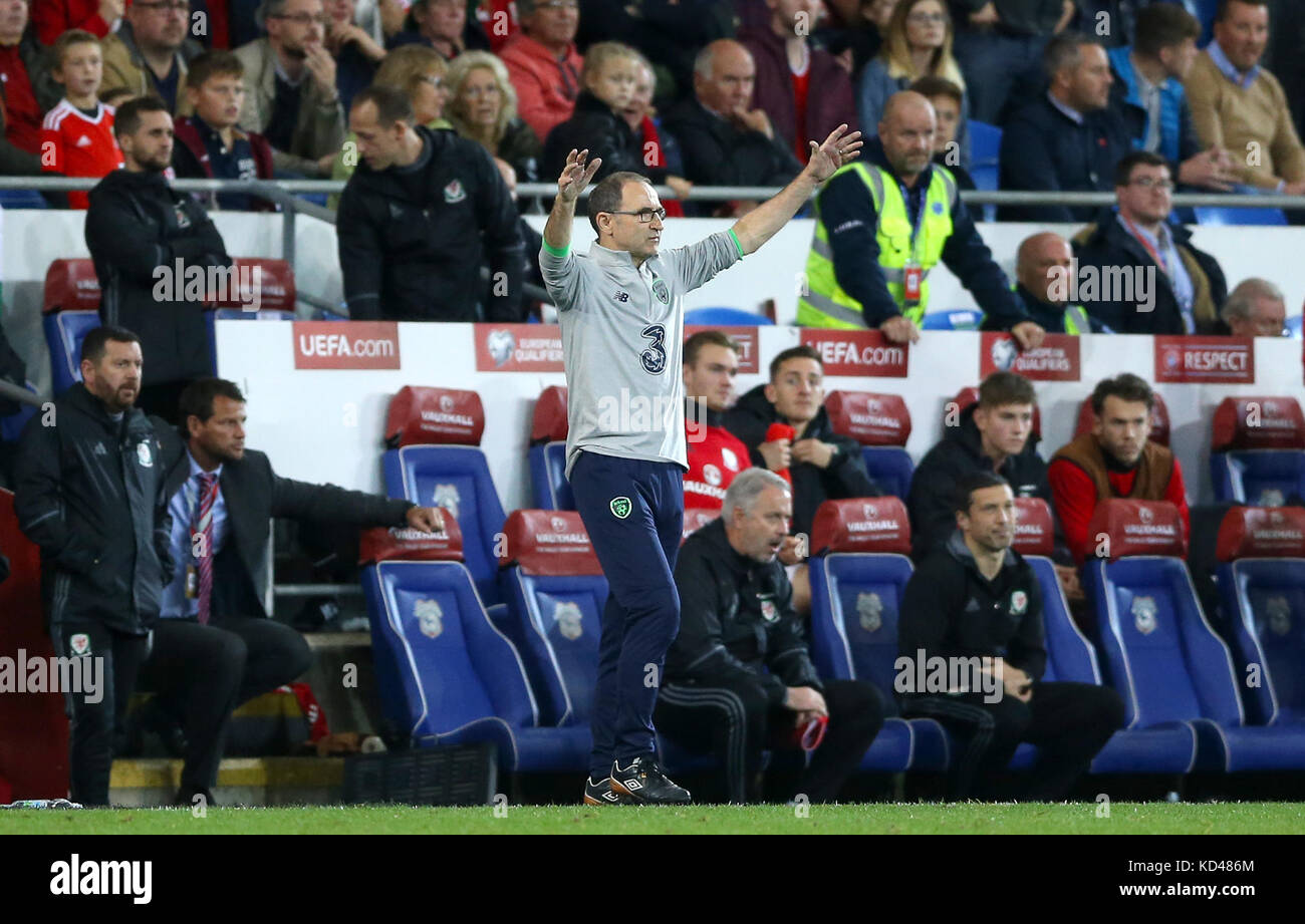 Republic of Ireland manager Martin O'Neill  gestures on the touchline during the 2018 FIFA World Cup Qualifying Group D match at the Cardiff City Stadium, Cardiff. PRESS ASSOCIATION Photo. Picture date: Monday October 9, 2017. See PA story SOCCER Wales. Photo credit should read: Nigel French/PA Wire. RESTRICTIONS: Editorial use only, No commercial use without prior permission. Stock Photo