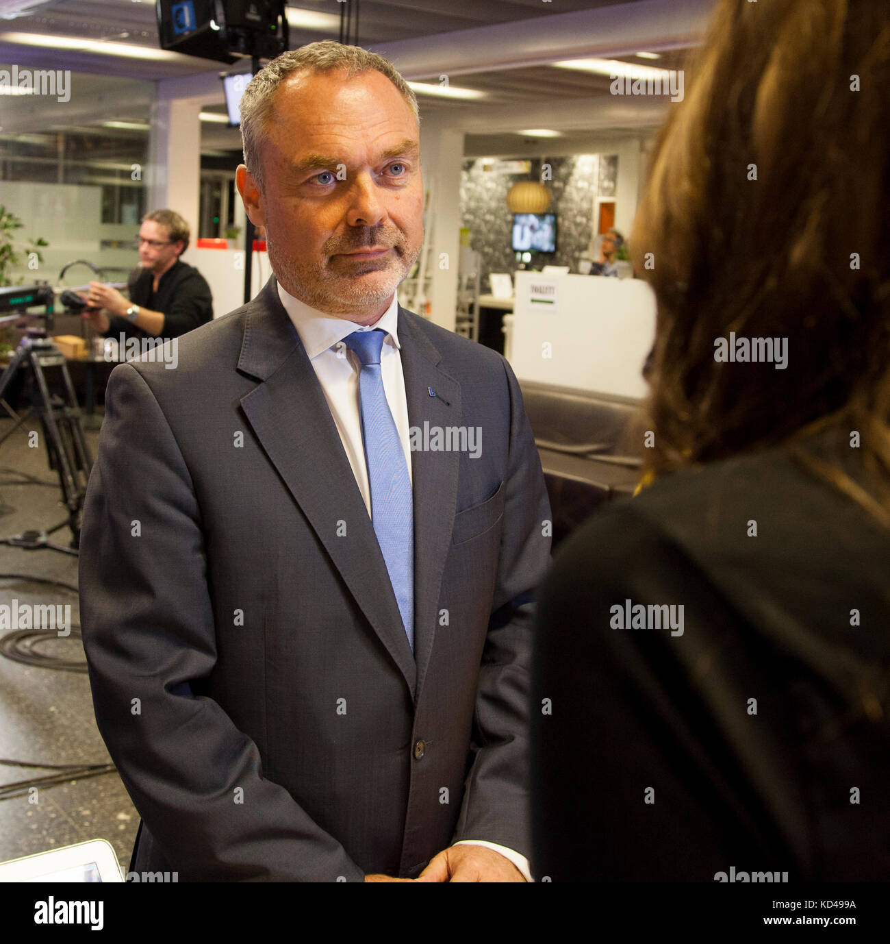 The Swedish election year 2018 began with a party leadership debate in Swedish television.The Liberals leader Jan Björklund face the Press Stock Photo