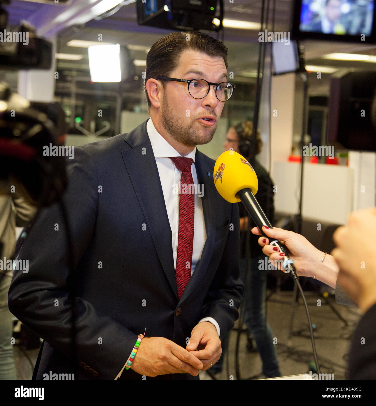 The Swedish election year 2018 began with a party leadership debate in Swedish television.The Swedish Democrats Jimmie Åkesson face the Press Stock Photo