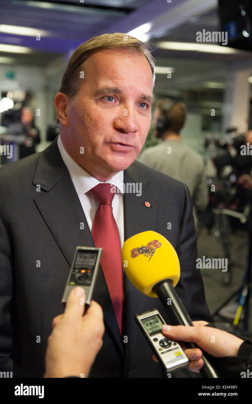 The Swedish election year 2018 began with a party leadership debate in Swedish television.Prime minister and Social Democrats Stefan Löfven face the P Stock Photo