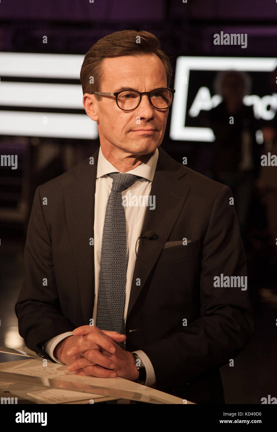 The Swedish election year 2018 began with a party leadership debate in Swedish television,The new elected Moderaternas Party leader Ulf Kristersson ma Stock Photo