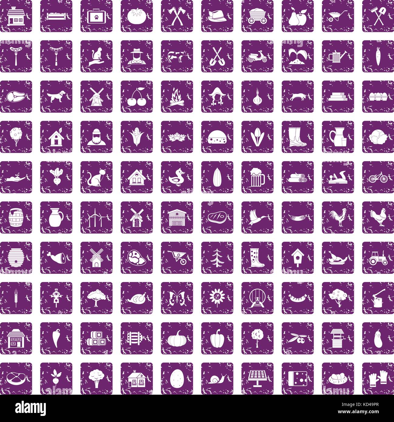 100 farm icons set grunge purple Stock Vector