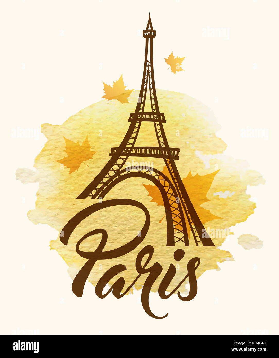 Background with Eiffel tower and yellow watercolor texture Stock Photo