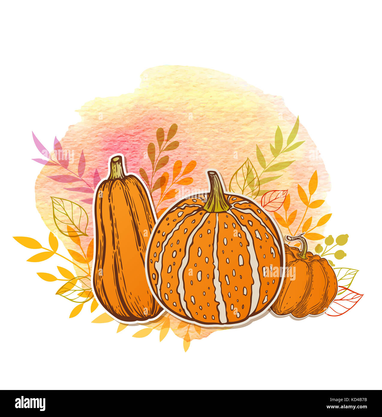 Autumn background with orange pumpkins and watercolor texture Stock ...