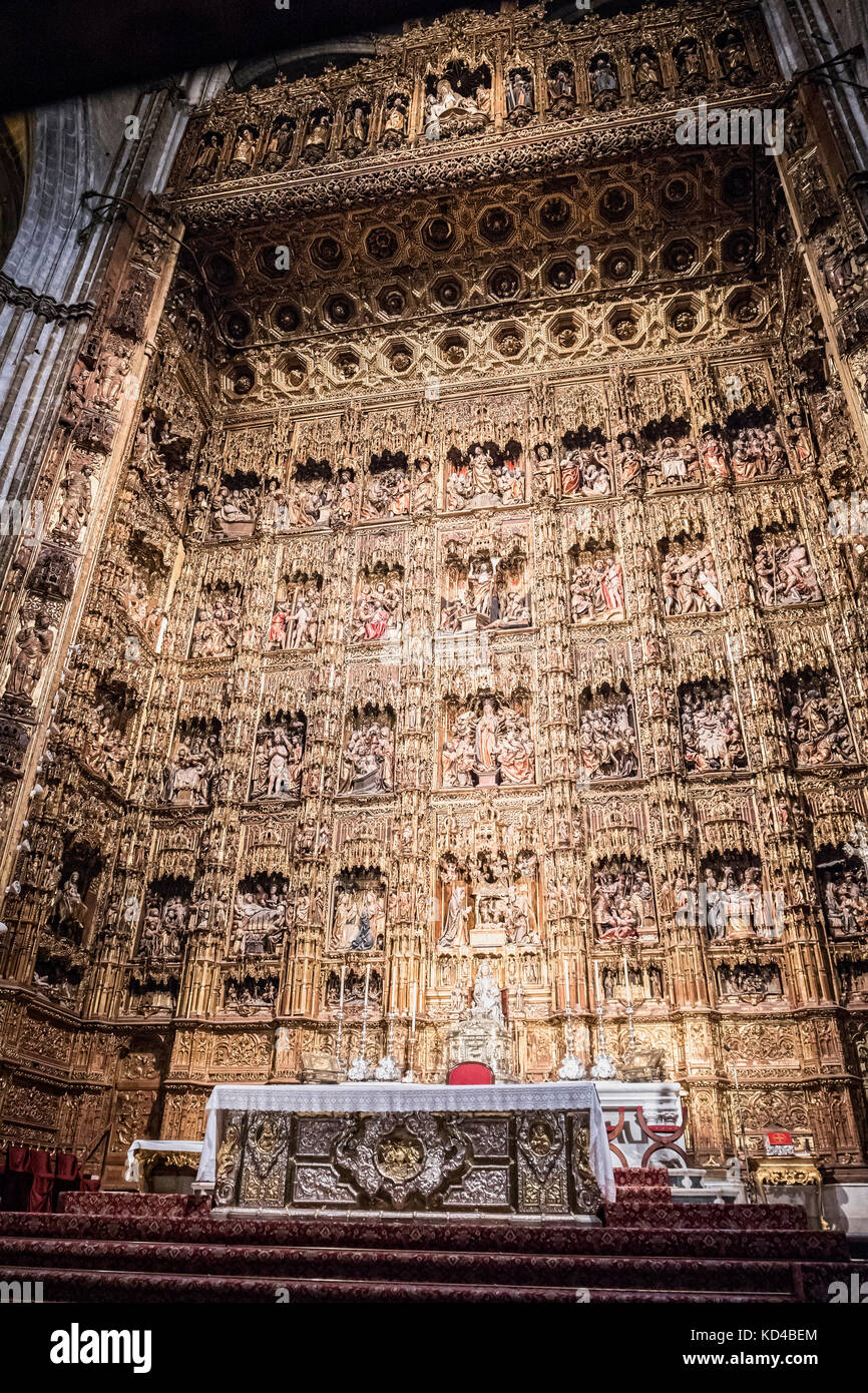 Main Altarpiece of the cathedral of Seville, Dancart or Danchart designed it in 1482, considered the largest altarpiece of Christianity, Andalusia, Sp Stock Photo