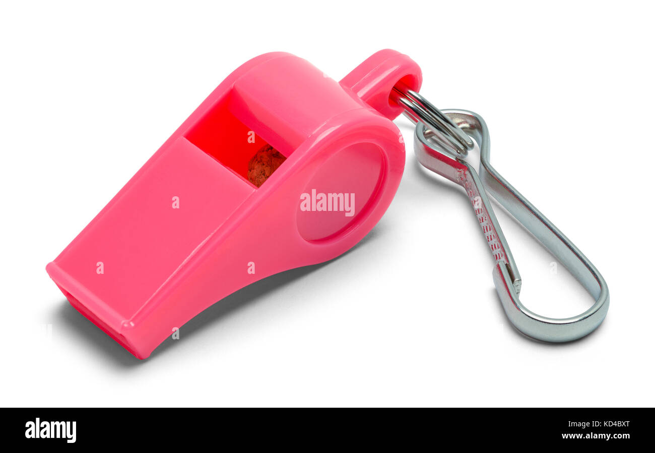 Pink Plastic Whistle Isolated on a White Background. Stock Photo