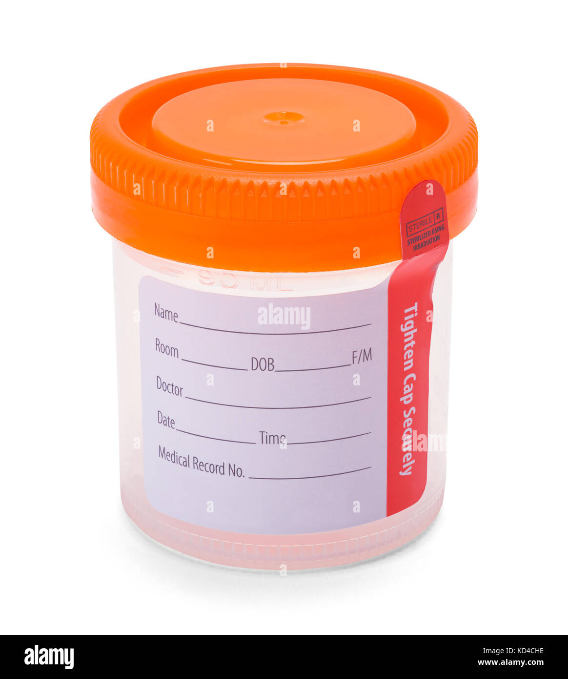Orange Plastic Urine Sample Cup Isolated on White Background. Stock Photo