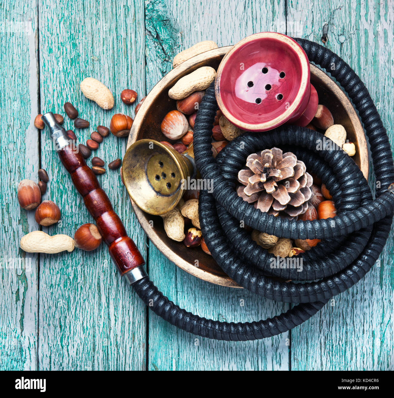 Details of a smoking shisha with tobacco flavor of hazelnut and almonds.Hookah background Stock