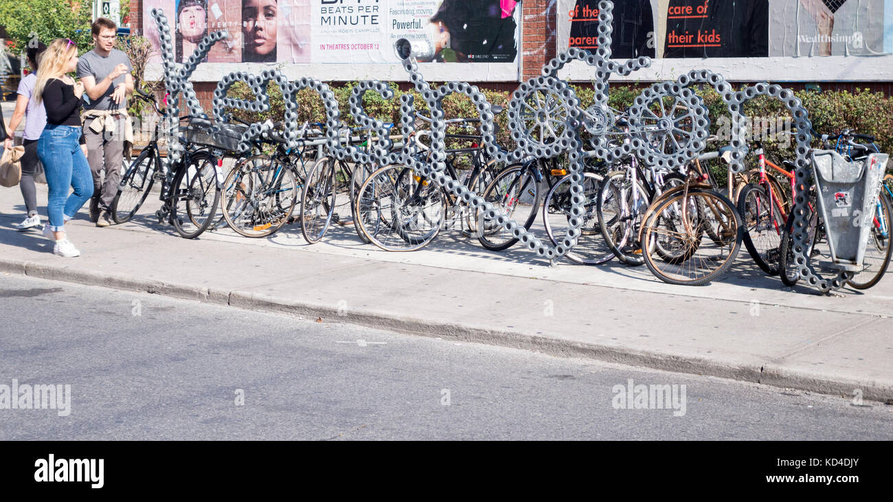 Bicycle rack spelling the word Kensington in Kensington Market in
