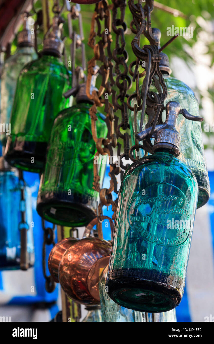 Old fashioned siphon bottles at market stall in San Telmo, Buenos Aires, Argentina, South America Stock Photo