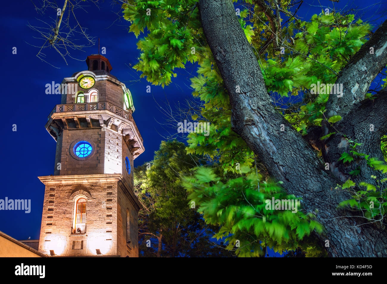 Historical clock tower in the city center of Varna, Bulgaria. It was built in 1890 by Sava Dimitrievich project. One of the most popular city landmark Stock Photo
