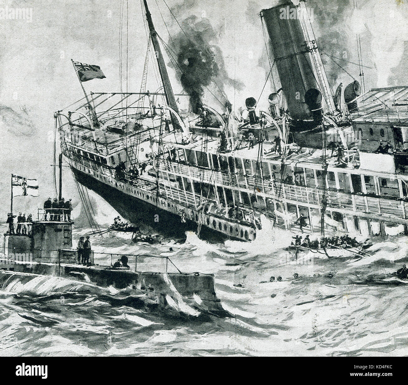 This photo dates to World War I. The caption reads: Sinking of the Falaba. The South African liner, Falaba, was torpedoed without warning and sank so rapidly that many passengers had no time to take to the boats. Falaba was a 5,000 ton British passenger-cargo ship.  It was sunk on 28 March 1915 by the German submarine U-28, which was commanded by Baron Forstner. Falaba was off the southern Irish coast when U-28 surfaced and stopped the British ship. Stock Photo