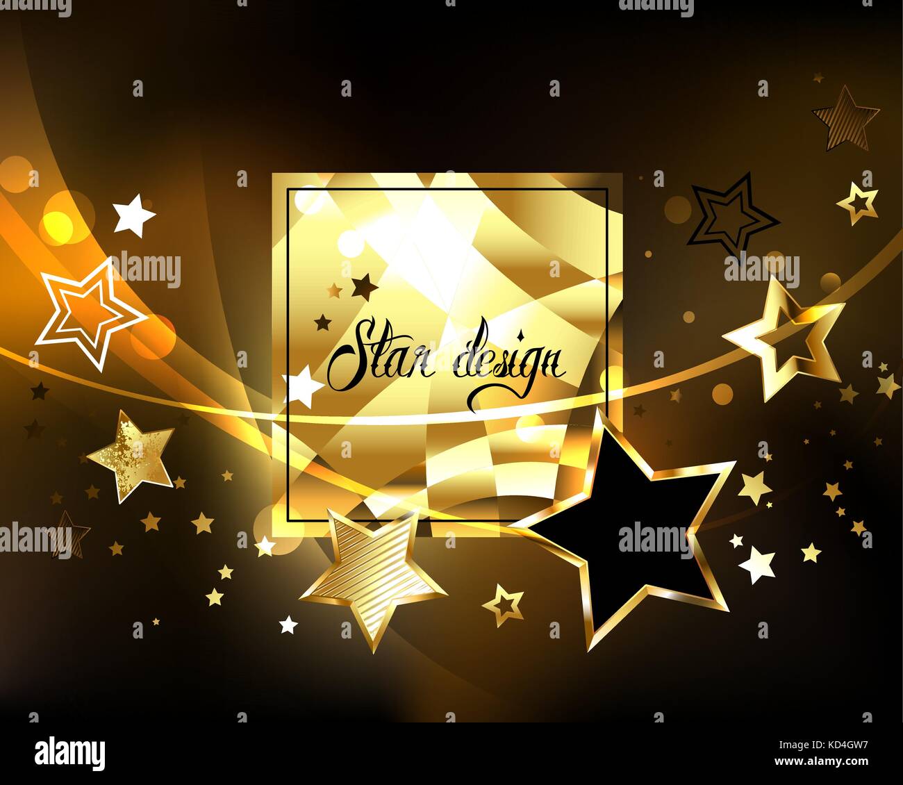 Polygonal, golden, square banner with golden shining stars on a black, cosmic background. Design with gold stars. Golden Star. Stock Vector