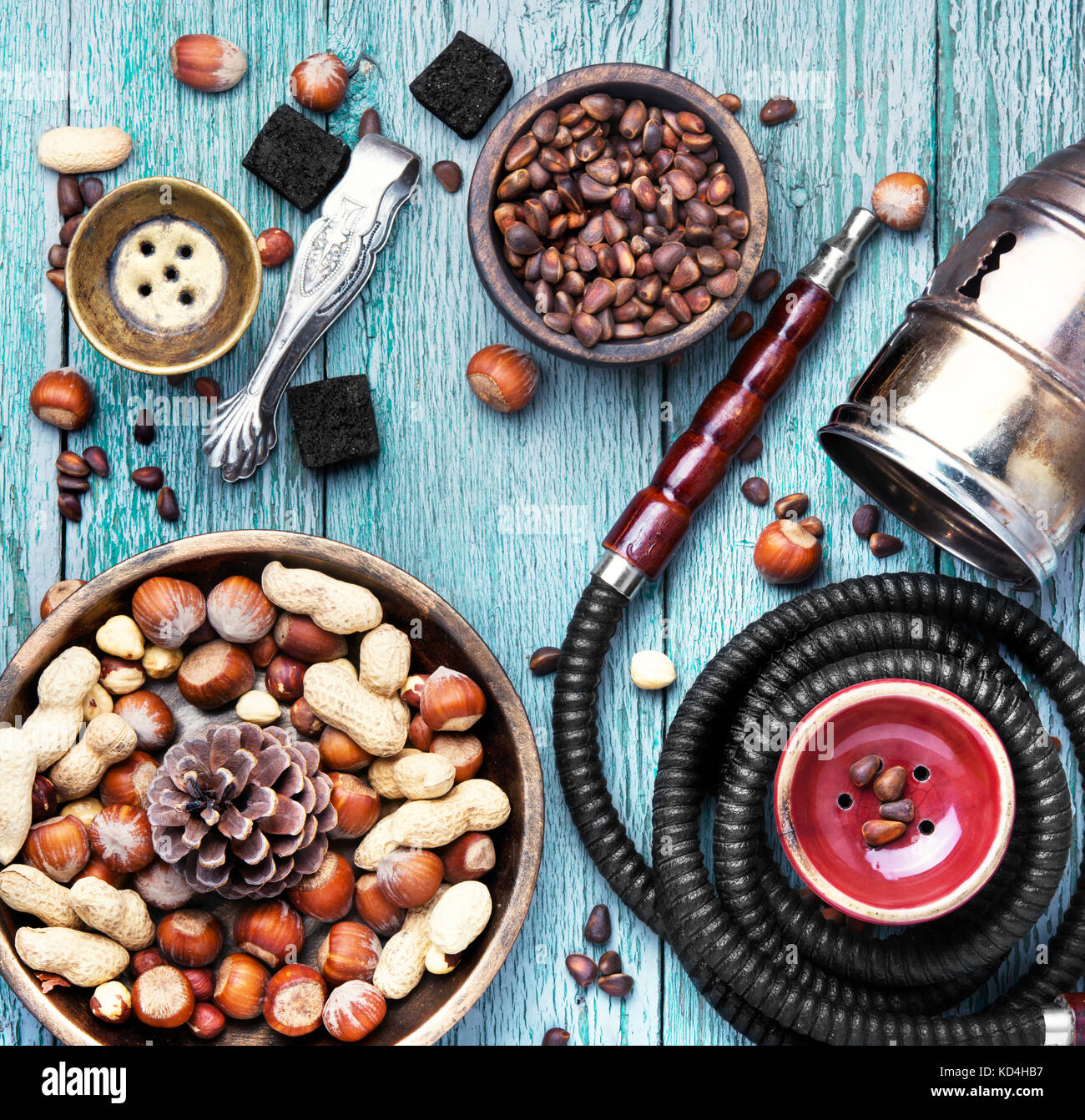 Details of a smoking shisha with tobacco flavor of hazelnut and almonds.Hookah background Stock
