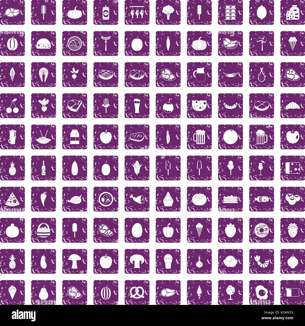 100 food icons set grunge purple Stock Vector
