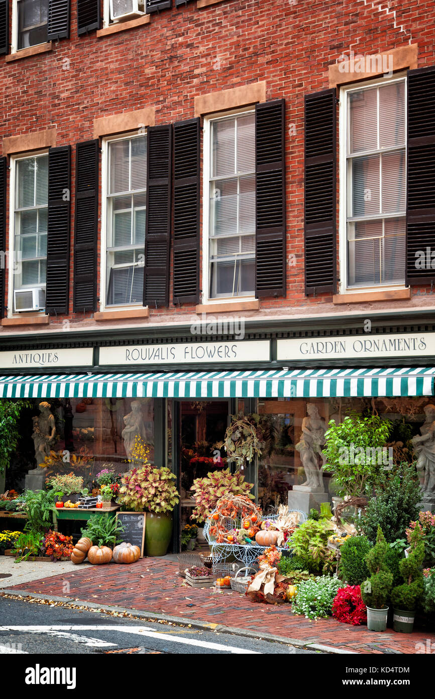 Flower and antique shop in the historic Beacon Hill neighborhood. Sidewalk display of plants, seasonal pumpkins and colorful fall foliage. Stock Photo